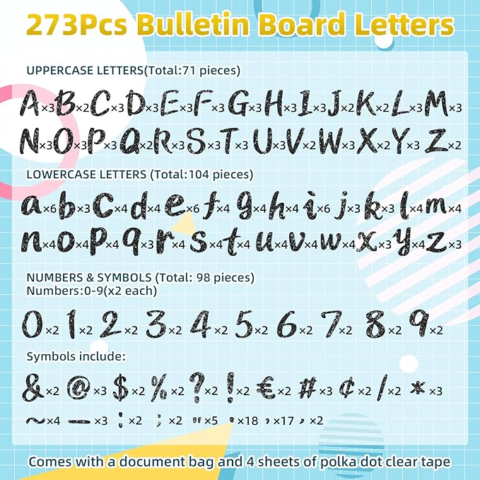 273 Pcs 4 Inch Glitter Bulletin Board Letters Set - Poster Board Letter Cutouts with Alphabet, Symbols, Numbers, Storage Bag - Classroom Decor, DIY Projects, Teacher Supplies, Office (Black)