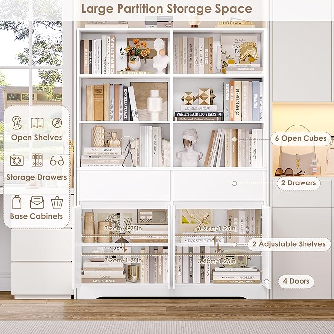 FINETONES 69" White Bookshelf with Doors, 47.2" Double Wide Bookshelves and Bookcases with Storage, Tall Bookshelf Large Open Book Shelf Standing Book Case for Home Office, White