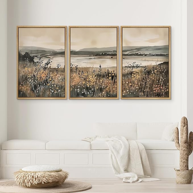 SIGNWIN Framed Canvas Print Wall Art Set Lakeside Meadow Rustic Countryside Watercolor Illustrations Modern Art Decorative for Living Room, Bedroom, Office - 16"x24"x3 Natural