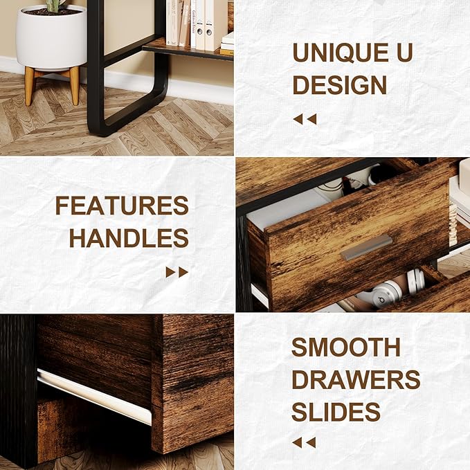 Small Computer Desk with Drawers, 47 Inch Home Office Desk with 3 Drawers & Bottom Shelves, Study Desk with Storage for Bedroom, Writing and Work, Black and Brown