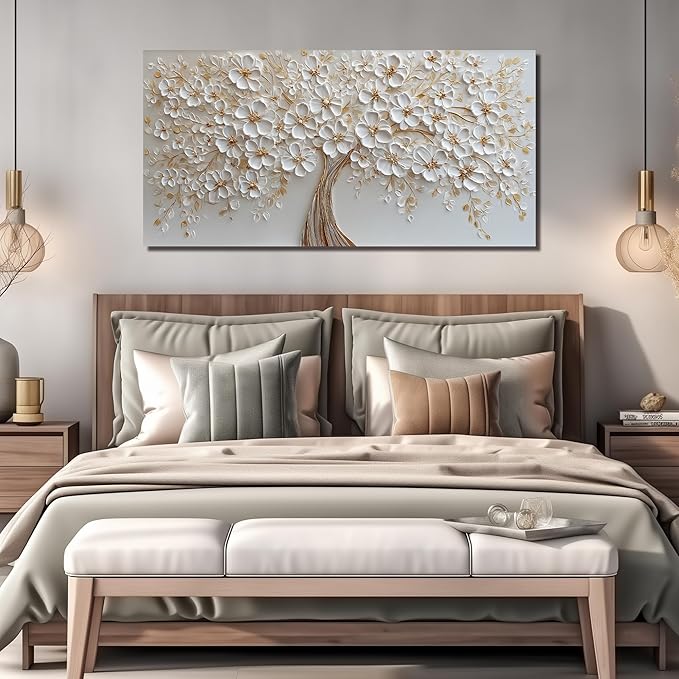 Large Tree Artwork for Walls Office White Flower Canvas Wall Art for Living Room Wall Decor for Bedroom Aesthetic Size 29 x 58 Inch