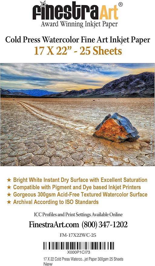 17" X 22" Cold Press Watercolor Fine Art Inkjet Paper - 25 Sheets