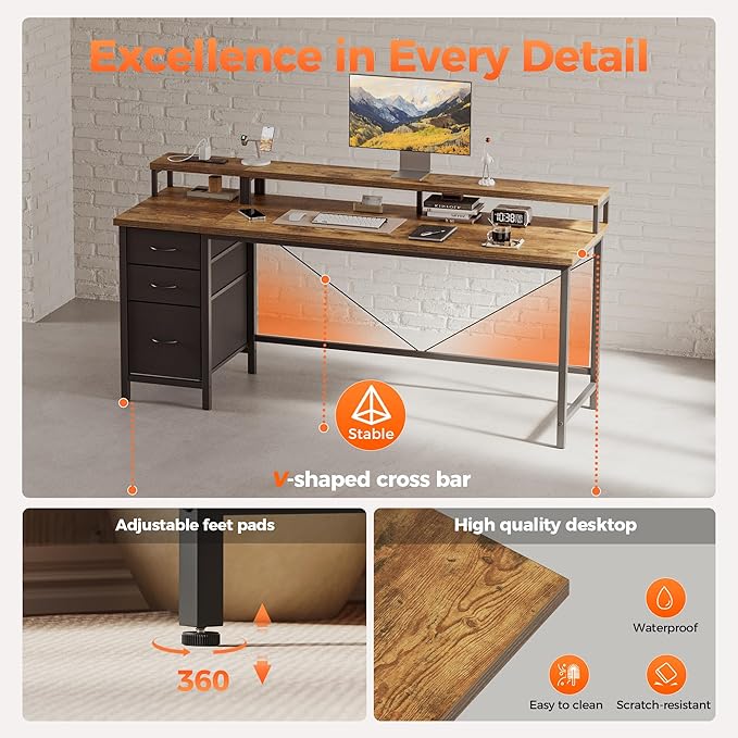 Mericonia Computer Desk 55 inch with Power Outlets & LED Lights, Gaming Desk with 3 Drawers for Home Office, Small Desk with Monitor Stand for Small Spaces, Study Writing Desk