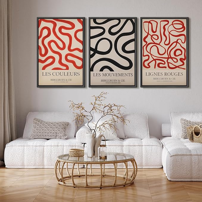 SIGNFORD Framed Wall Art Print Set French Modern Abstract Line Red and Black Curved Shapes Digital Art Modern Art Contemporary for Living Room, Bedroom, Office - 24"x36"x3 BLACK