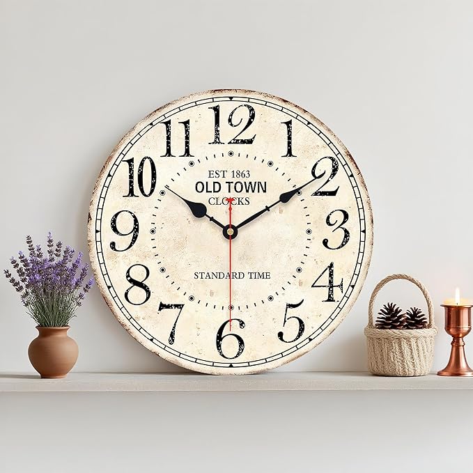 14 Inch Retro Round Wall Clock Old Town Vintage Antique Style Battery Operated French Country Silent Wall Clocks for Farmhouse,Garden,Home Kitchen,Bedroom,Office
