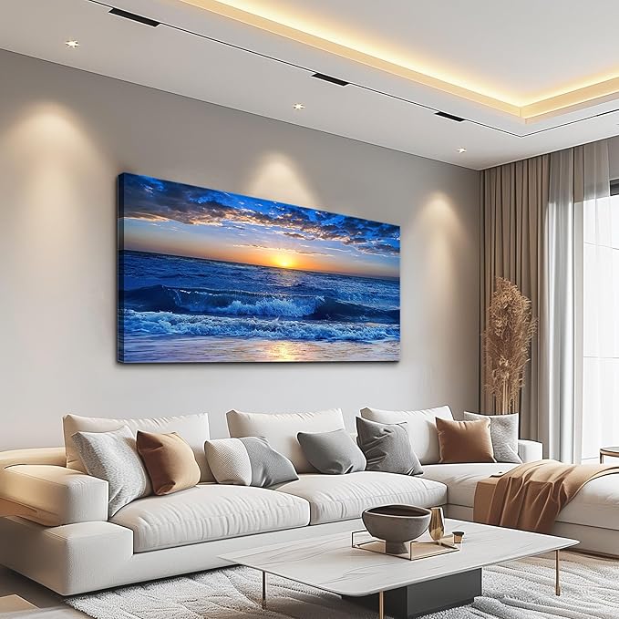 canvas wall art for living room Blue Ocean Sea sun landscape painting bathroom Wall Decor Ready to Hang for Home Decorations office family bedroom kitchen Works canvas Prints pictures 20" x 40"inch