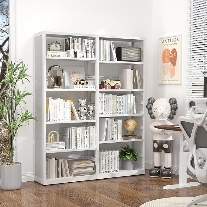 Large 5 Shelf Bookcase, Metal 5 Tier Bookshelf with Bookends, 54 Inch Wide Book Case, Tall Book Shelf Organizer, White Bookcases for Library, Home Office, School, Clinic-Assemble Required
