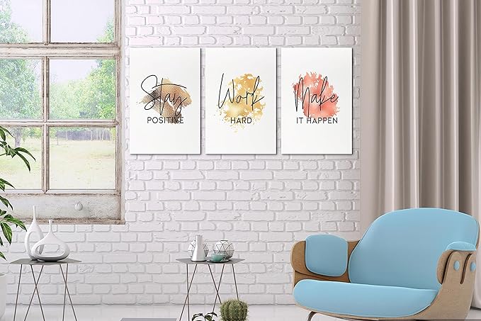 SHMAO Office Canvas Wall Art Motivational Wall Decor, 3 Piece Stay Work Make Print Pictures for Office Wall Decor Women Inspirational Framed Artwork Home Office Decor 12”x18”x3 Panels