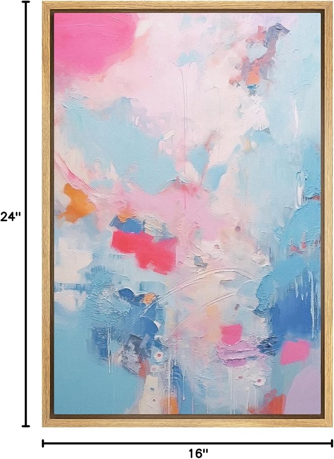SIGNFORD Framed Canvas Print Wall Art Pink Baby Pastel Blue Landscape Abstract Geometric Illustration Minimalism Decorative Colorful Mid-Century for Living Room, Bedroom, Office - 16"x24" Natural