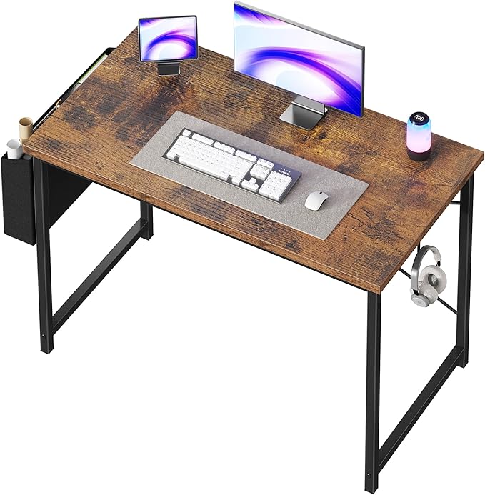 OLIXIS Computer Desk 44 Inch Home Office Desks for Small Spaces, Gaming Writing Study Work Table with Storage Bag and Headphone Hook for Bedroom, Rustic Brown