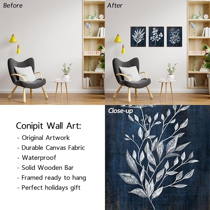 Conipit Navy Blue Botanical Painting Rustic Botanical Wall Art Canvas Abstract Blue White Leaf Plant Artwork Prints Framed For Living Room Bedroom Wall Decor 12''X16''X3pcs