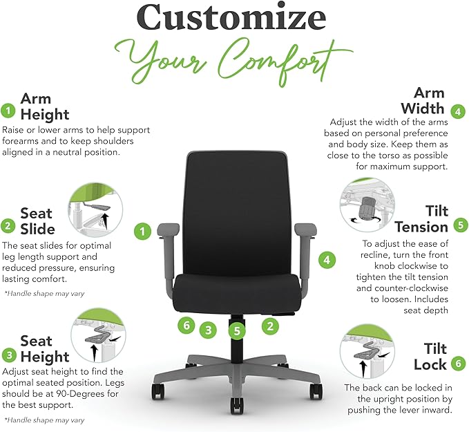 HON Ignition 2.0 Low Back Task Chair, Standard Synchro-Tilt Control, Office Chair with Lumbar Support, Height and Width Adjustable Arms, Titanium Frame, Black