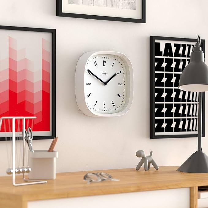 JONES CLOCKS® Marvel Wall Clock | Modern Retro Rounded Square Clock | 10 inch | White | Cool Designer Look for Kitchen, Living Room or Office