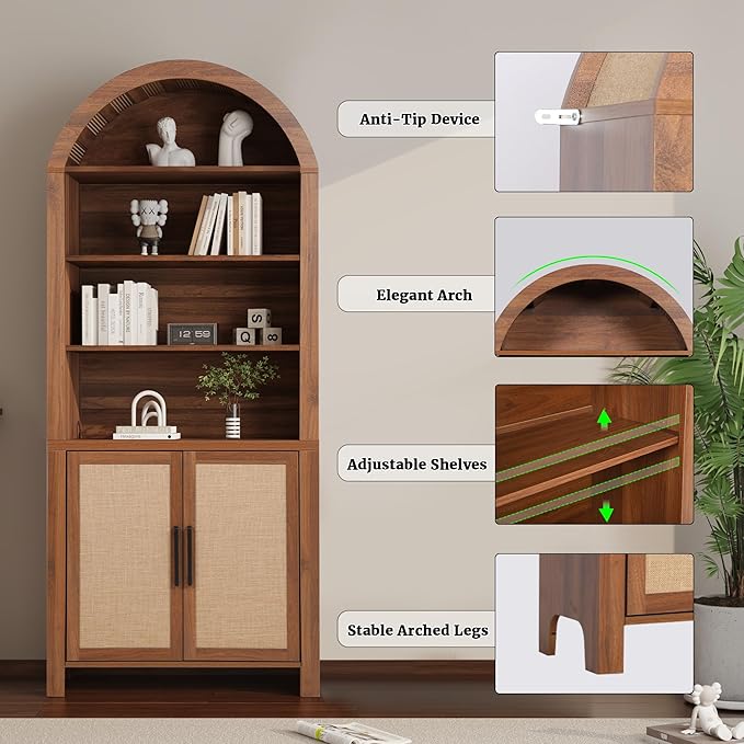 71" Tall Arched Bookcase with Storage, Mid-Century Modern 6-Tier Cabinet with Door, Arched Bookshelf Cabinet with Open Display Storage Shelf for Office Living Room (Walnut)