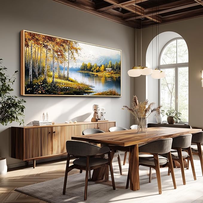 ERQINHUA Large Canvas Forest Landscape Painting Wood Framed Wall Art Living Room Wall Decor For Bedroom Lakeside Watercolour Wall Pictures Artwork Picture Office Restaurant Home Decoration 32x72 In