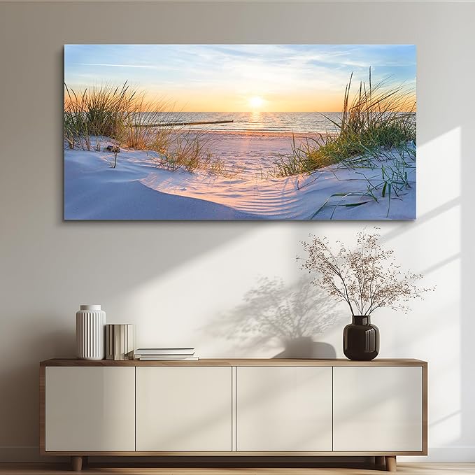 MHARTK66 Wall Decor For Living Room Large Canvas Wall Art For Bedroom Modern Office Pictures Wall Artwork Blue Sun Beach Grass Ocean Landscape Paintings Canvas Art Prints Home Decorations