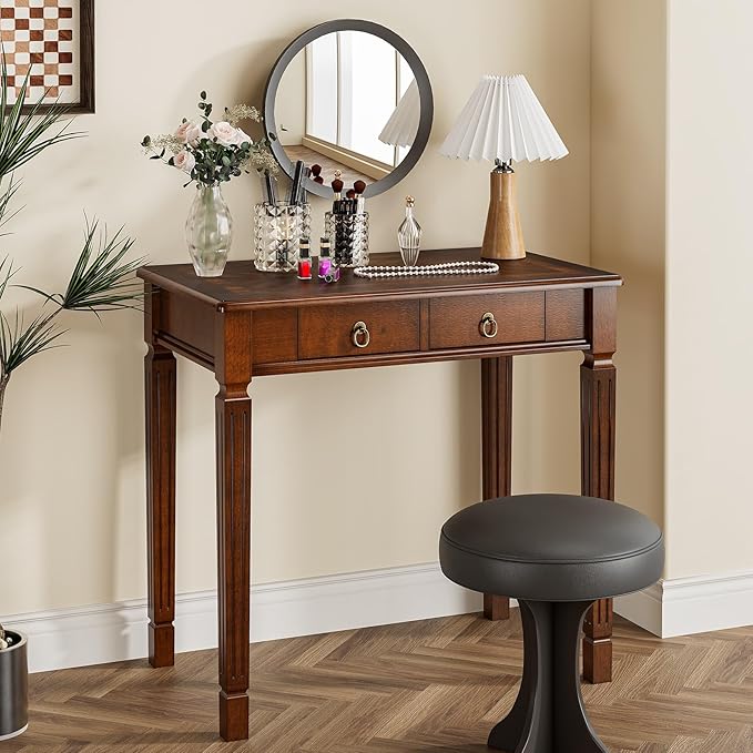 Small Computer Writing Desk with 2 Storage Drawers, 31.5"W Vanity Dressing Desk, French Provincial Corner Desk Table with Carved Legs, Solid Wood Accent Table, Easy Assembly, Dark Cherry SSZ-D1258