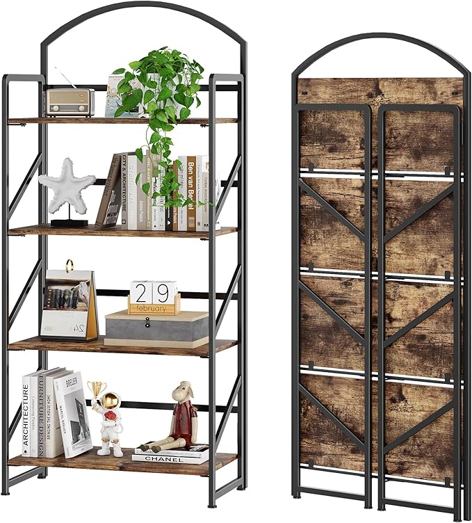 BHG Arched Bookshelf 4 Tier Shelf Storage Organizer Bookcase,No Assembly Folding Book Shelf for Living Room,Bedroom Home Office Rack Bookhelves