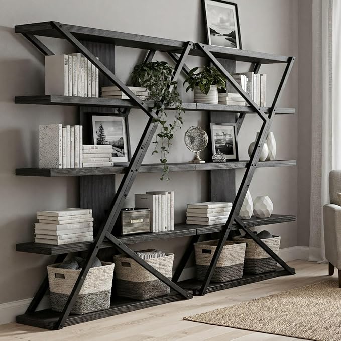 FUSUNBAO Industrial Bookshelf, Vintage 5-Tier Tall Bookcase with Wood and Metal Frame, Rustic Large Display Shelf for Home Office, 67" H x 47" L x 12" W, Black