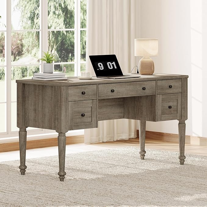 WAMAPT Farmhouse Executive Desk with 5 Drawers, Home Office Desk with Charging Station, Wood Computer Desk with File Cabinet Storage, Door, Open Shelf for Work and Study, Wash Grey, 55 inch