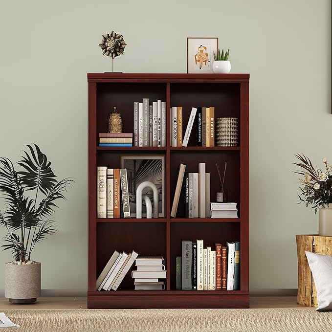6 Cube Storage Organizer - 3 Tiers 6 Storage Cube Adjustable Space Book Case, Display Cabinet Organizer with Bookcase, 30 inch Width Horizontal Bookshelf for Home Library Office, Mahogany