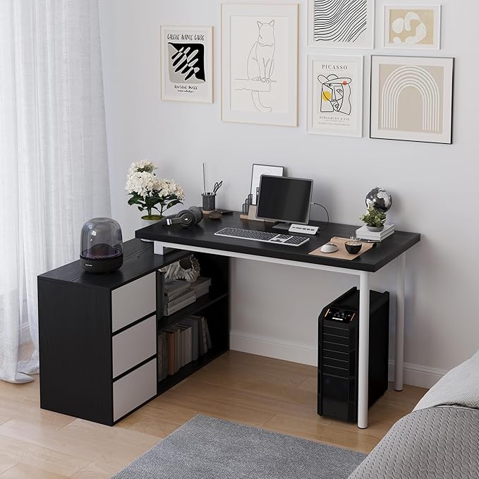 L Shape Computer Desk with 3 Drawers and 2 Shelves, Home Office Desk Corner Small Desk with Storage Cabinet for Writing Study Executive – Black and White