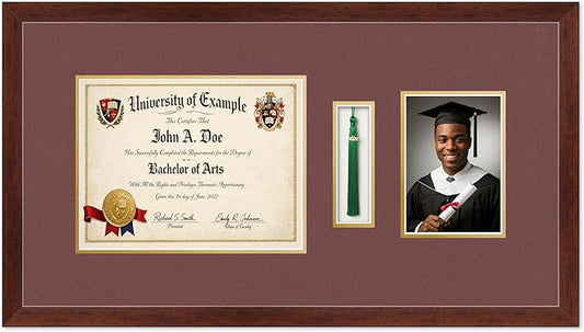 CountryArtHouse Diploma Tassel and Photo Shadowbox Fits 11 x 8.5 US Letter Certificate with Tassel H Rustic Walnut Genuine Hardwood with Dark Red Over Metallic Gold Double mat