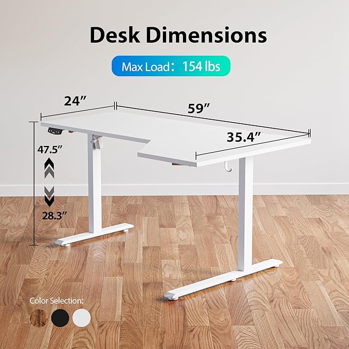 Agilestic Electric Standing Desk, Height Adjustable Desk, 59 x 35 Inch Sit Stand up for Work Office Home, L Shaped Ergonomic Rising Computer Table with Memory Preset, White
