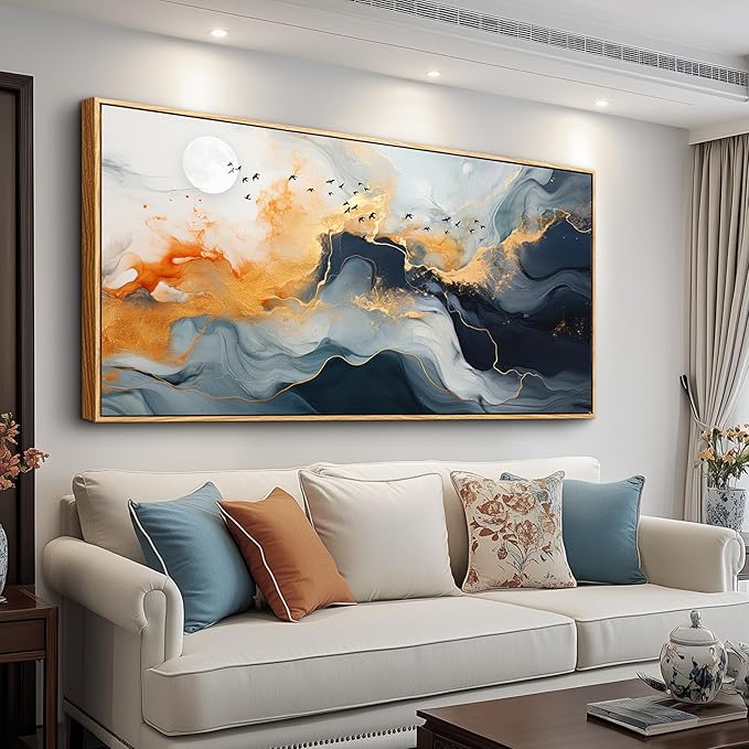 MHARTK66 Abstract Wall Art Large Canvas Picture Ready to Hang Marble Fluid Art with Gold Foil Moon & Bird Design Wood Frame Home Decor for Living Room Bedroom Office Wall Decorative Artwork