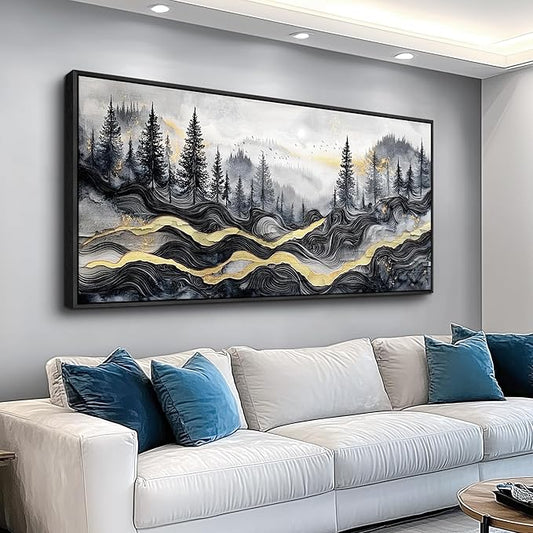 KELIYUAAN Large Canvas Wall Decor For Living Room Black Framed Wall Art For Bedroom Office Restaurant Murals Abstract Mountain Landscape Painting Wall Print Artwork Pictures Home Decor 30"X60"
