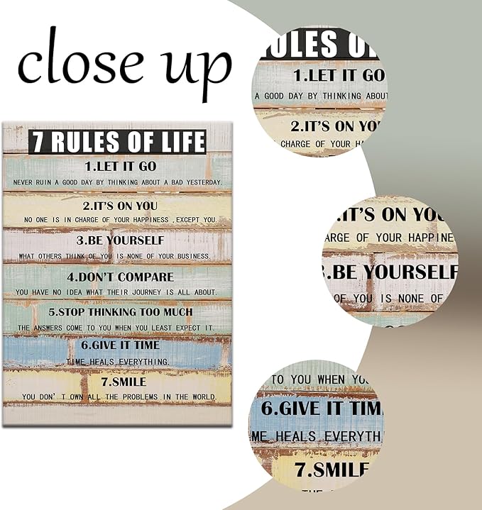 7 Rules Of Life Motivational Canvas Wall Art Inspirational Office Artwork for Bedroom Positive Sayings Poster Print for Home Gym Wall Decoration Ready to Hang [18''Wx24''H]