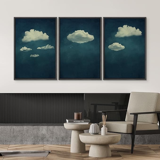 SIGNWIN 3 Piece Framed Canvas Wall Art A Series of White Clouds in The Blue Sky Nature Wilderness Illustrations Abstract Traditional Home Artwork Decoration for Living Room,Bedroom - 24"x36"x3 Black