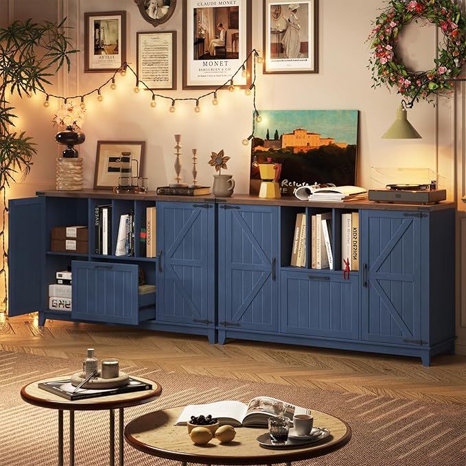 Vabches Lateral File Cabinet with File Drawer, Farmhouse Filing Cabinet with Storage Shelves for Legal/A4/Letter Size Hanging Files, Large Modern Printer Stand for Home Office (Navy Blue and Brown)