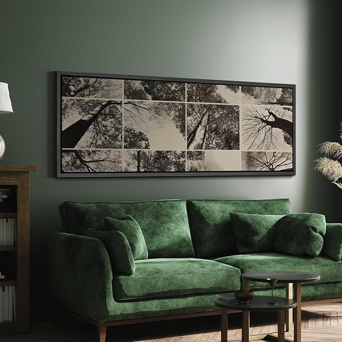 SIGNFORD Large Framed Canvas Print Wall Art Black and White Forest Canopy Grid Collage Illustrations Modern Art Calm Warm for Living Room, Bedroom, Office - 60"x20"
