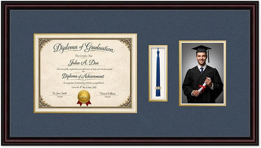 Diploma Tassel and Photo Frame Executive Brown Shadowbox Navy Blue Over Gold Mat - Fits 11 x 8.5 Degree Picture Made in the USA