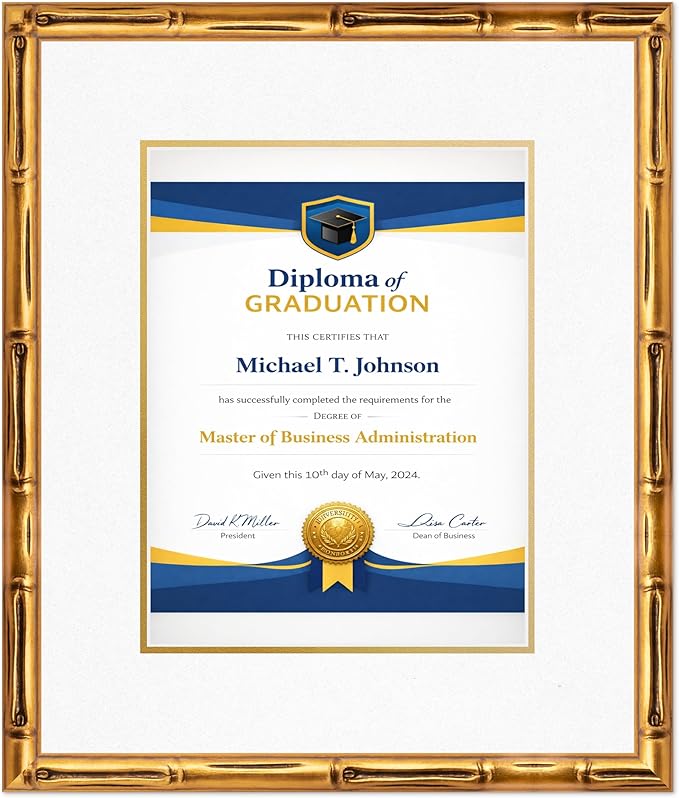 Diploma Frame Gold Bamboo with Oyster Shell Over Gold Double Mat - Fits 10 x 13 College Diploma (Portrait Traditional) Wall Display Made in the USA