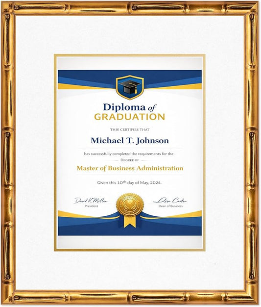 Diploma Frame Gold Bamboo with Oyster Shell Over Gold Double Mat - Fits 10 x 13 College Diploma (Portrait Traditional) Wall Display Made in the USA