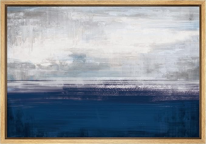SIGNWIN Framed Canvas Wall Art White Clouds Over The Navy Blue Sea Coastal Ocean Oil Painting Abstract Modern Closeup Relax/Calm for Living Room, Bedroom, Office - 16"x24" Natural