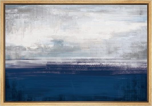 SIGNWIN Framed Canvas Wall Art White Clouds Over The Navy Blue Sea Coastal Ocean Oil Painting Abstract Modern Closeup Relax/Calm for Living Room, Bedroom, Office - 16"x24" Natural