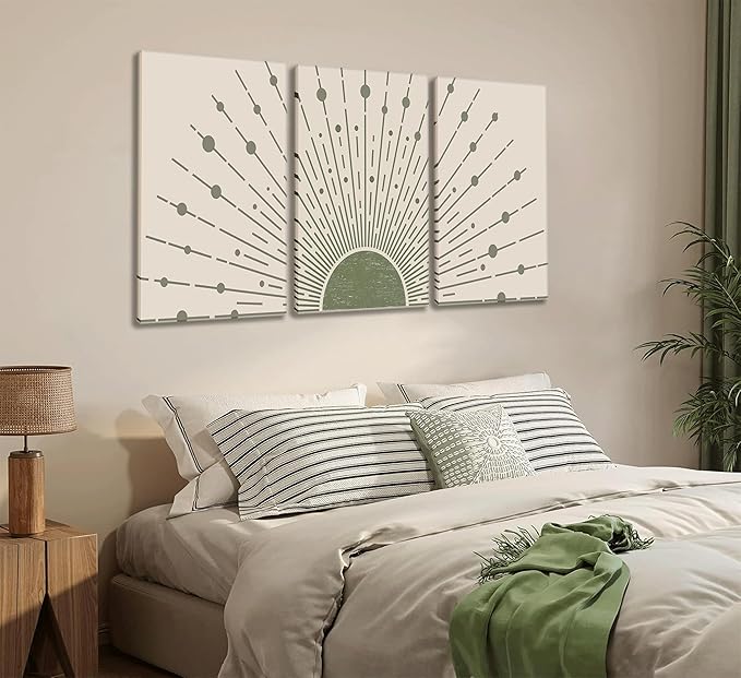 3pcs Sun Boho Canvas Wall Art Sage green Sun Wall Decor Modern Sunrise Posters Modern Abstract Geometric Prints Pictures Mid-Century Painting for Living Room, Bedroom, Bathroom and Office framed