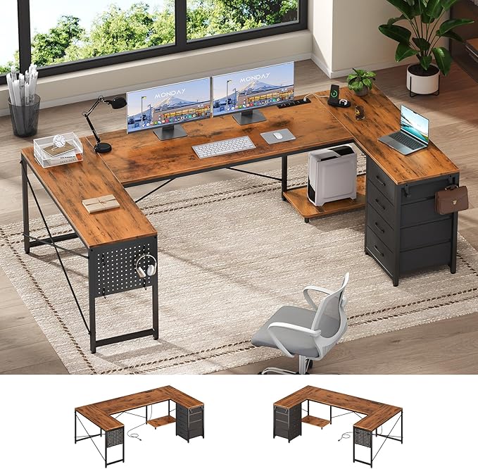L Shaped Desk, 67" Reversible Computer Desk with 4 Fabric Drawers and Power Outlet, Corner U Shaped Desk with Shelf and Pegboard for Home Office, Rustic Brown
