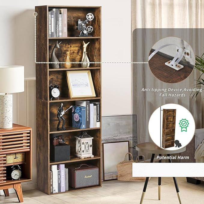 6-Tier Bookshelf & Bookcase Set of 2, Floor Standing Open Book Shelf, Wooden Display Storage Shelves with Anti-Tipping Device, 71" Tall Bookshelves for Bedroom, Living Room and Office, Brown