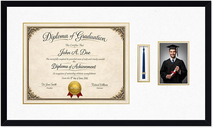 Diploma Tassel and Photo Frame Matte Black Shadowbox Oyster Shell Over Gold Mat - Fits 17 x 13 Degree Picture Made in the USA