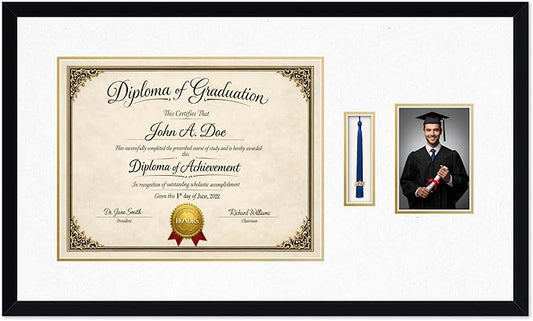 Diploma Tassel and Photo Frame Matte Black Shadowbox Oyster Shell Over Gold Mat - Fits 17 x 13 Degree Picture Made in the USA