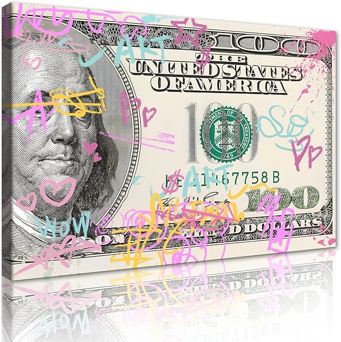 Money Buys Freedom Motivational Wall Art for Office Workplace Canvas Paintings Graffiti 100 Dollar Artwork Wooden Framed Easy to Hang-12x16 inches