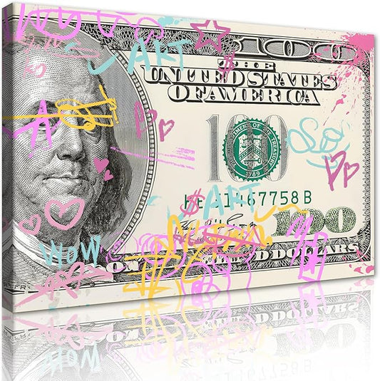 Money Buys Freedom Motivational Wall Art for Office Workplace Canvas Paintings Graffiti 100 Dollar Artwork Wooden Framed Easy to Hang-12x16 inches