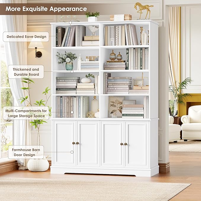 FINETONES 73" White Bookshelf with Doors, 6 Tier Tall Bookshelf Double Wide Bookcases and Bookshelves with Storage, Large Display Cabinets for Home Office,Living Room, Library