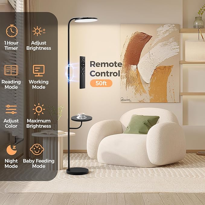 36W LED Floor Lamp with Table & Shelves, Minimalist Stepless Dimmable Torchiere with Dual Control (Remote & Touch), 350°Rotating Head Reading Floor Lamp for Living Room, Bedroom, Office