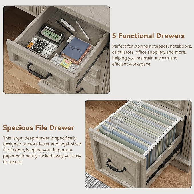 Farmhouse 57" Lift Up Executive Desk with 5 Drawers and Charging Station, Wood Home Office Computer Desk with File Cabinet Storage, Keyboard Tray,Headphone Hook for Work,Study (Grey)