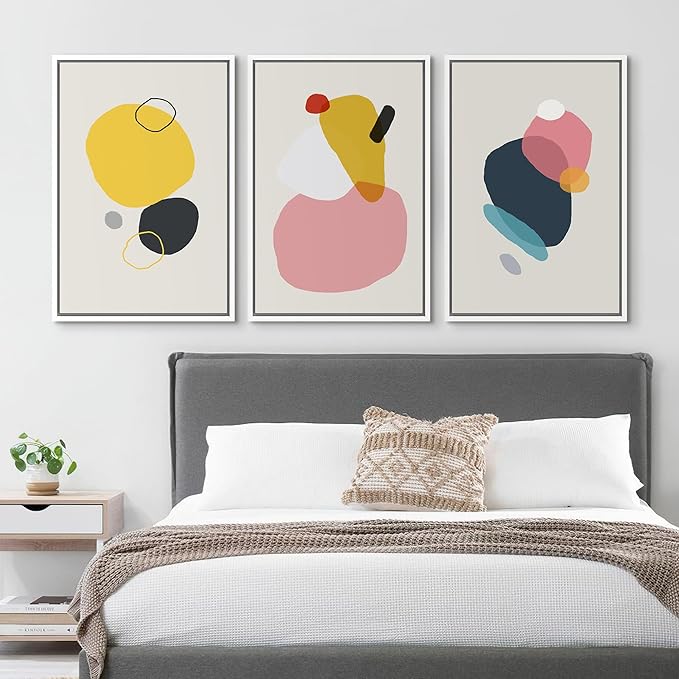 SIGNFORD Framed Wall Art Print Set Yellow, Pink, Black & Blue Transparent Blots Abstract Shapes Digital Art Modern Art Contemporary Colorful for Living Room, Bedroom, Office - 16"x24"x3 White